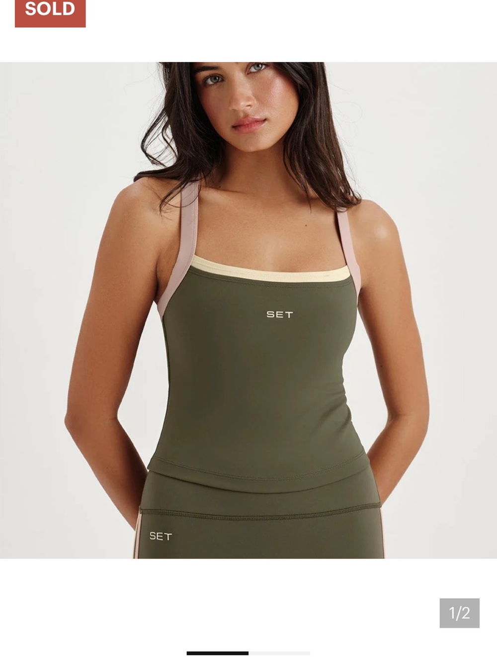 SET Active Olive Tank with Pink Straps and Cream Trim